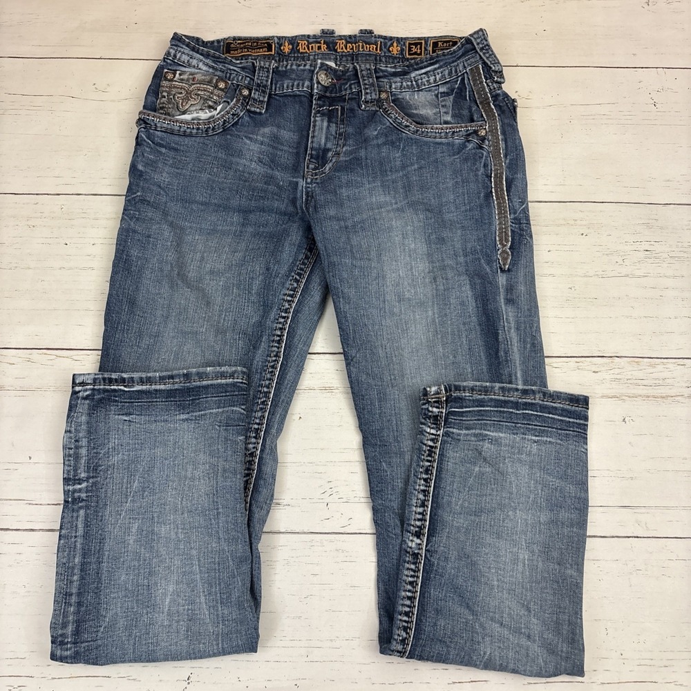 Rock Revival Mens Thick Stitch Jeans Kort Straight Leg Jeans Size 34 (36X33) - Picture 2 of 11